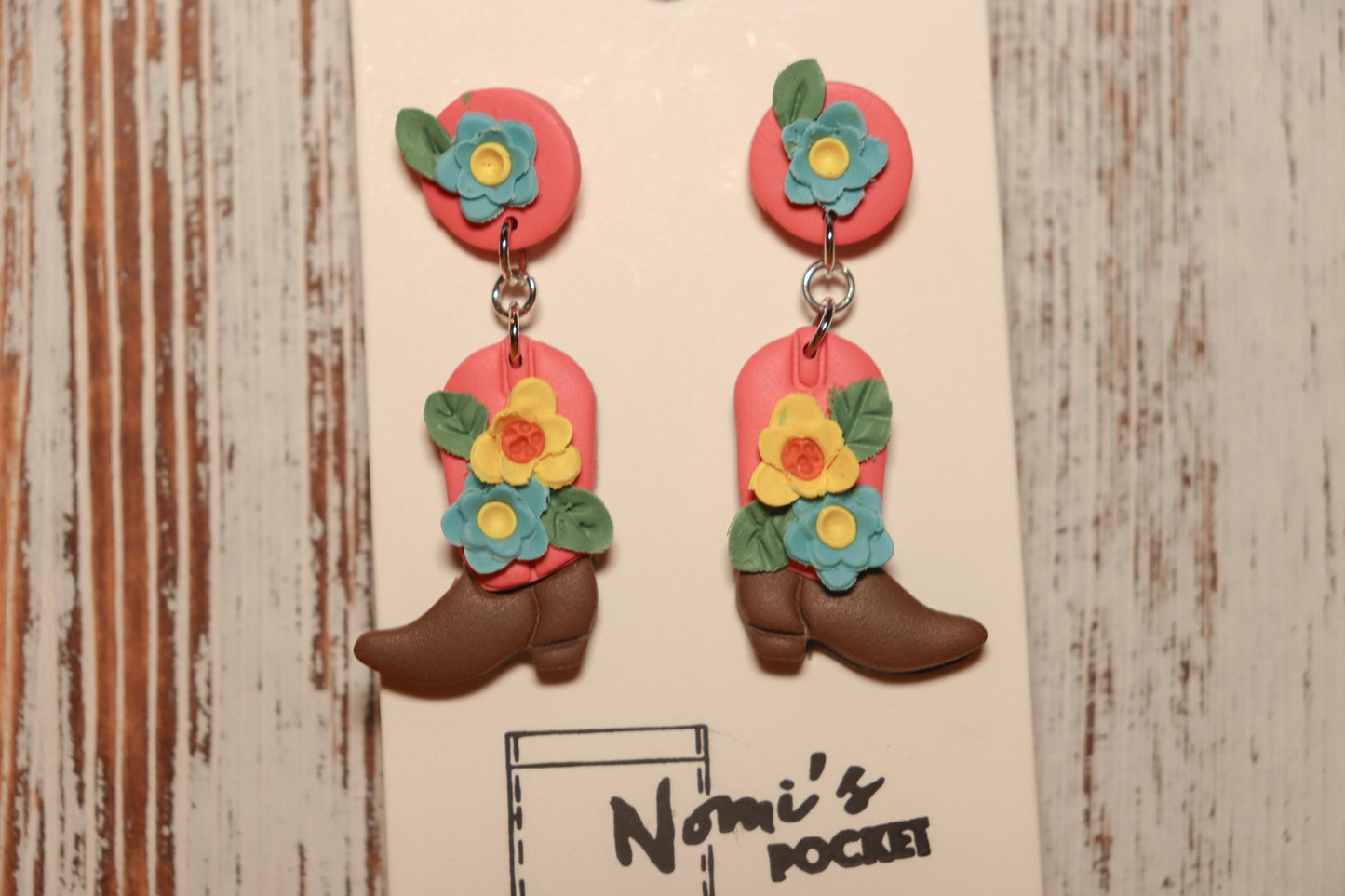 Delicate Flower, Pink and Brown Cowboy Boots Earrings
