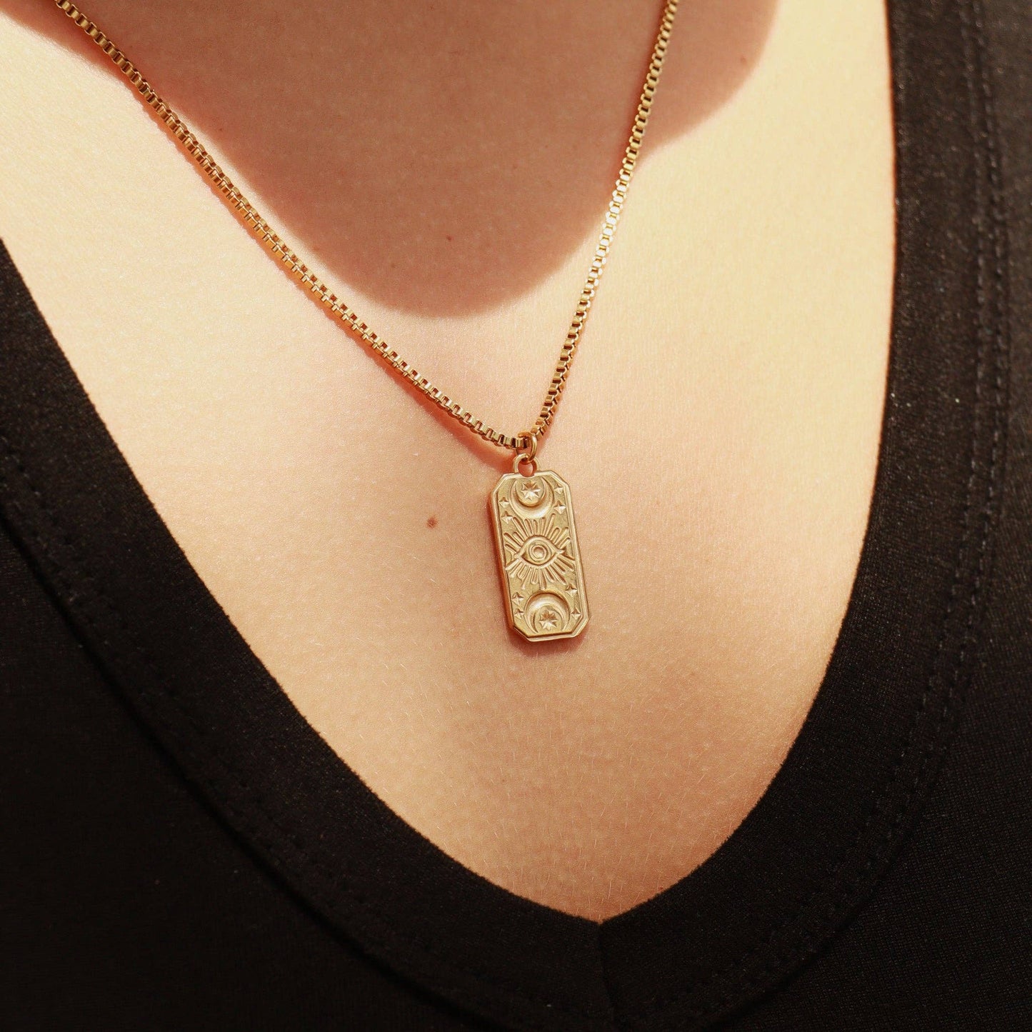 WJW - 18K Gold Stainless Steel Rectangle Mystical Evil Eye Charm