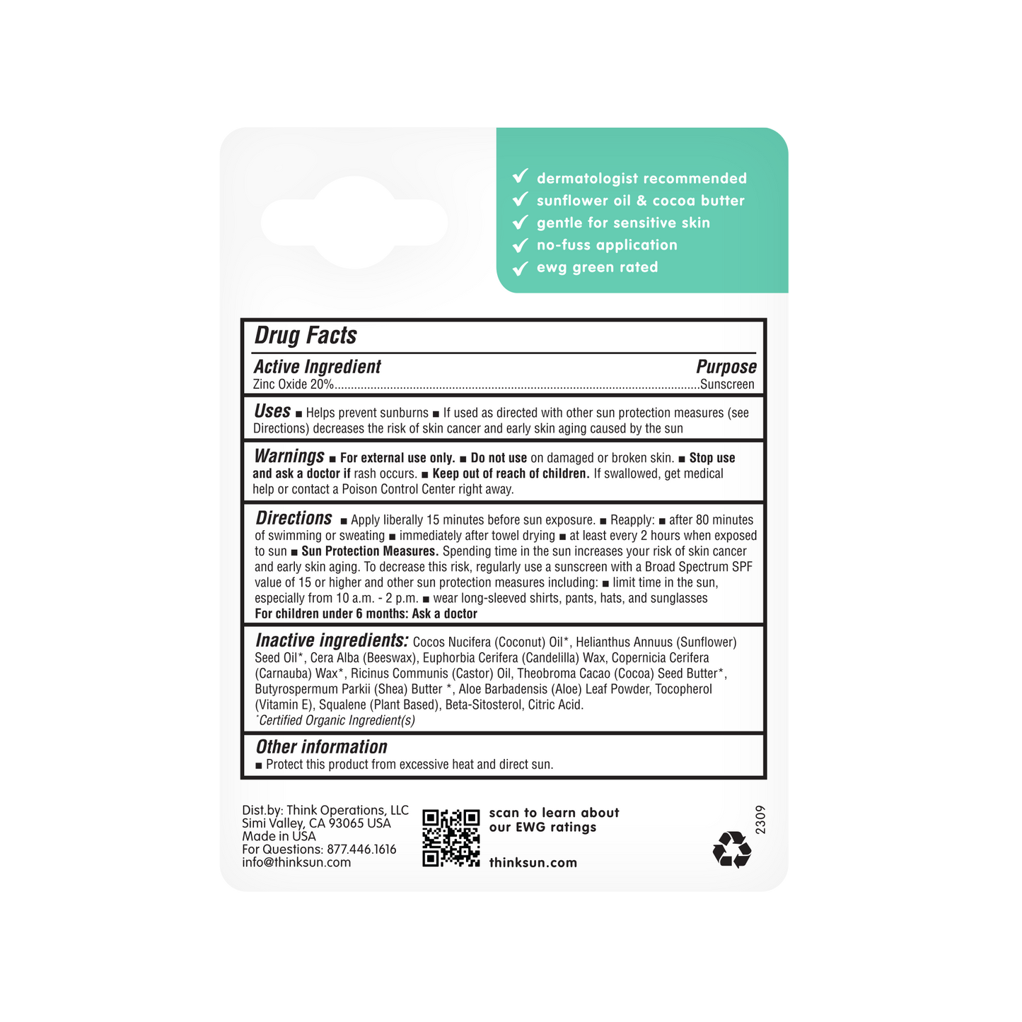 Think - Think Kids SPF 30 Face & Body Sunscreen Stick, EWG Rated