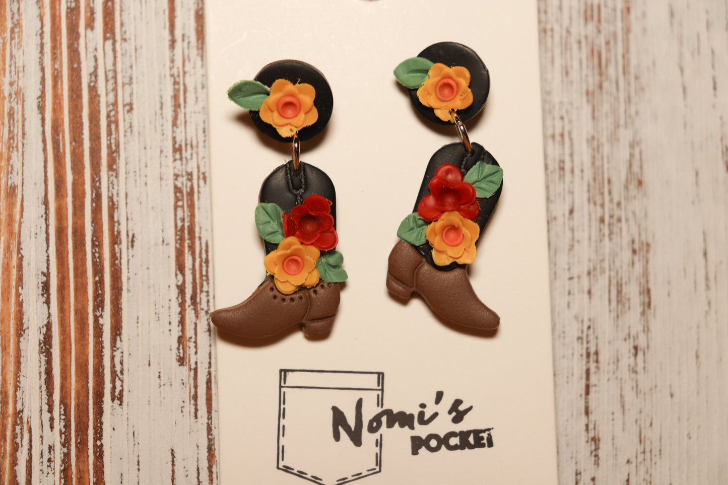 Delicate Flower Black and Brown Cowboy Boots Earrings