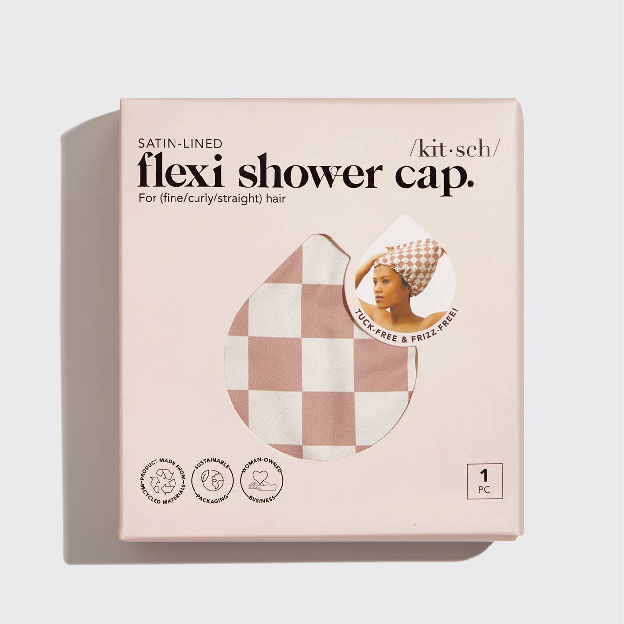 KITSCH - Satin Lined Flexi Shower Cap - Terracotta Checker