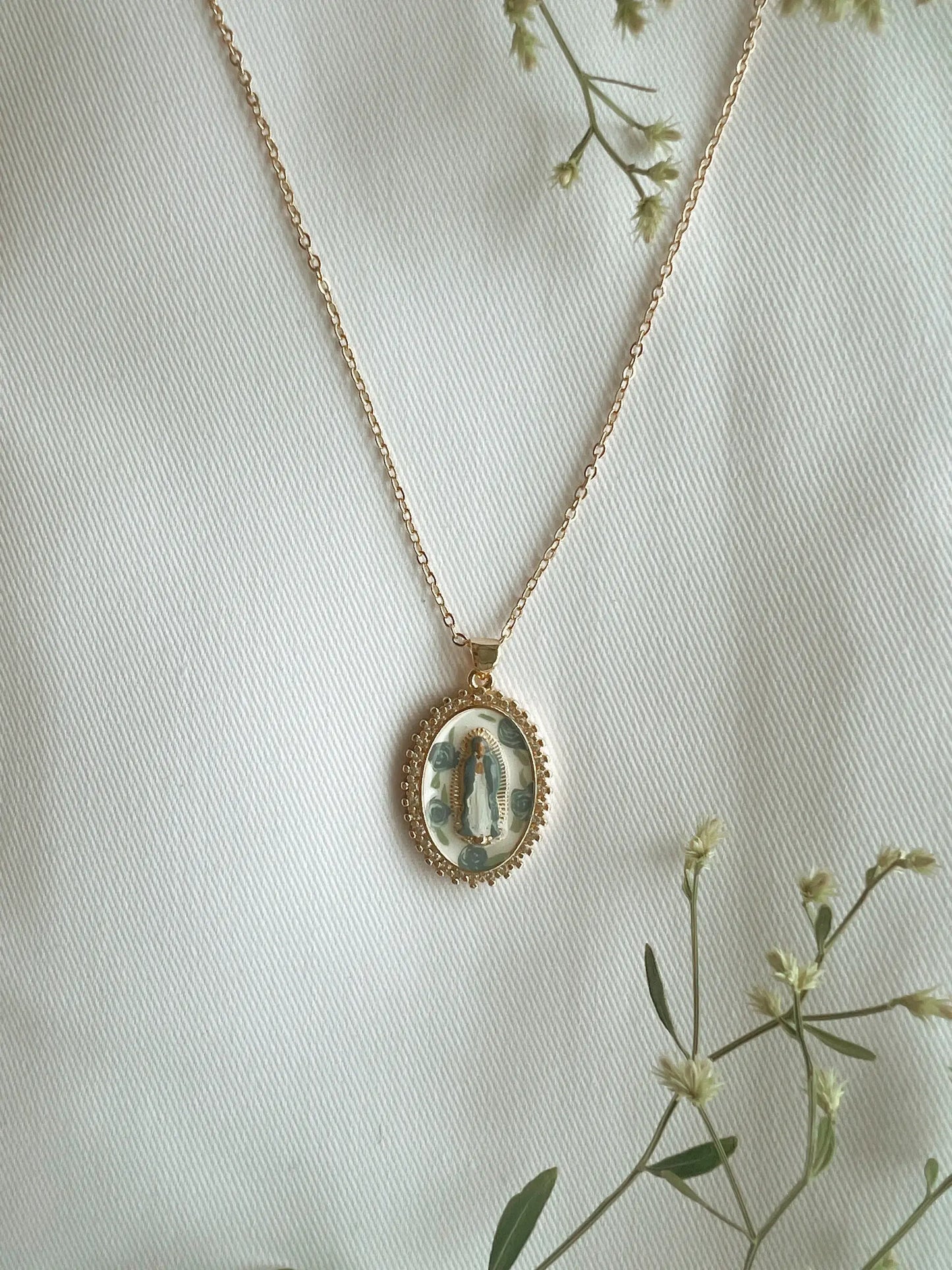 Harleigh Leonards Designs - Mother Mary in Blue Roses Necklace