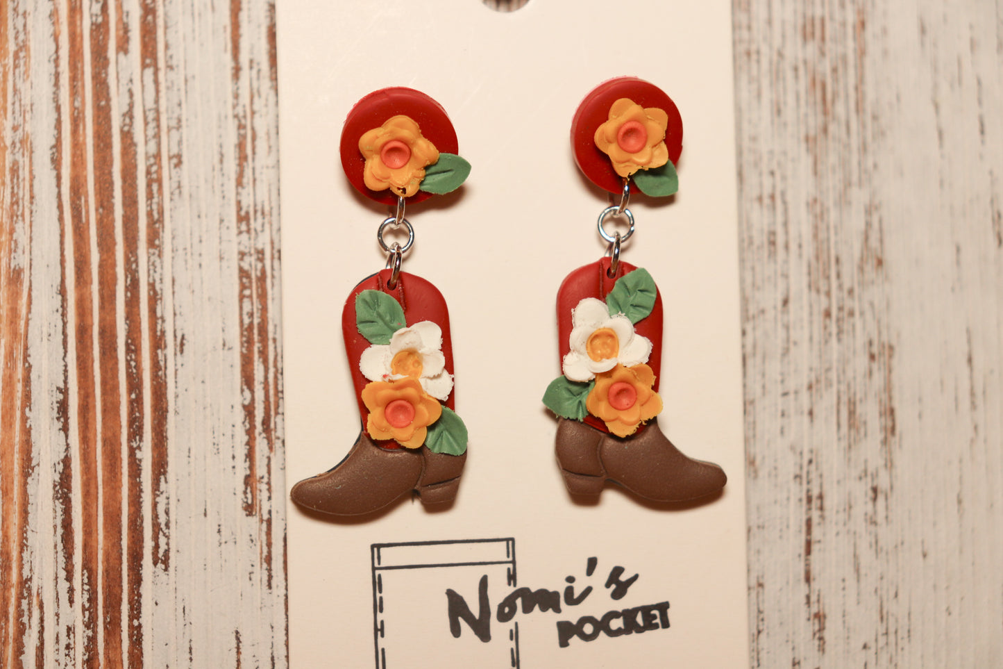 Delicate Flower, Red and Brown Cowboy Boots Earrings