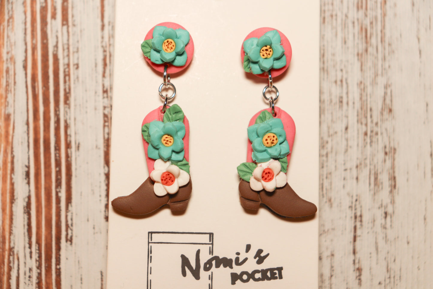 Delicate Flower, Pink and Brown Cowboy Boots Earrings