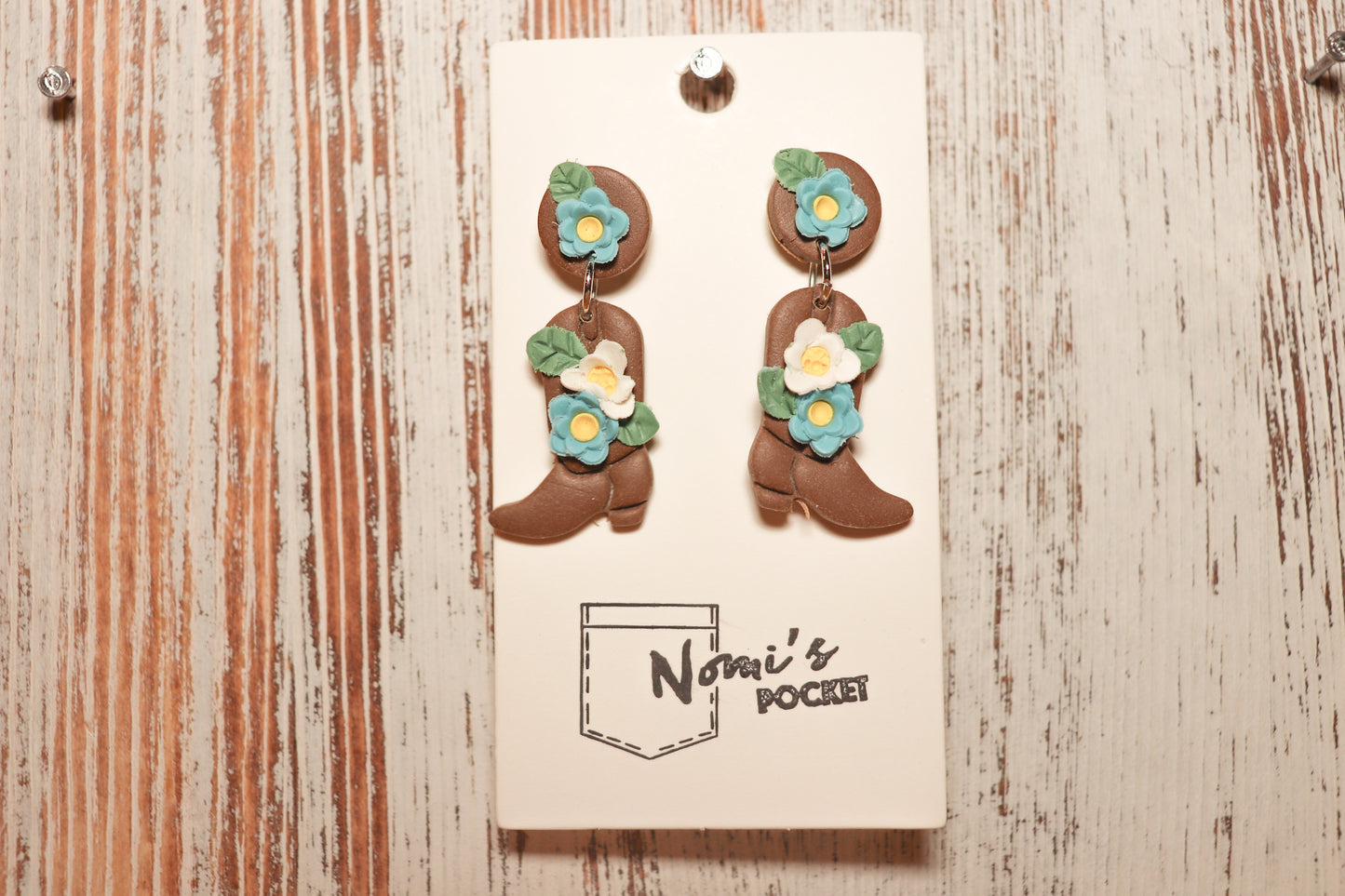 Delicate Flower, Brown Cowboy Boots Earrings
