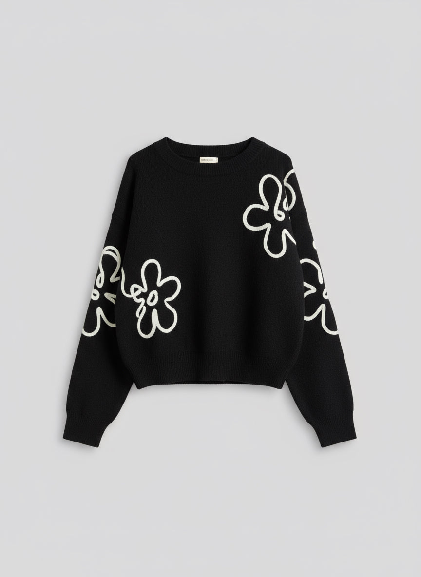 Black Sweater with White Flower Design