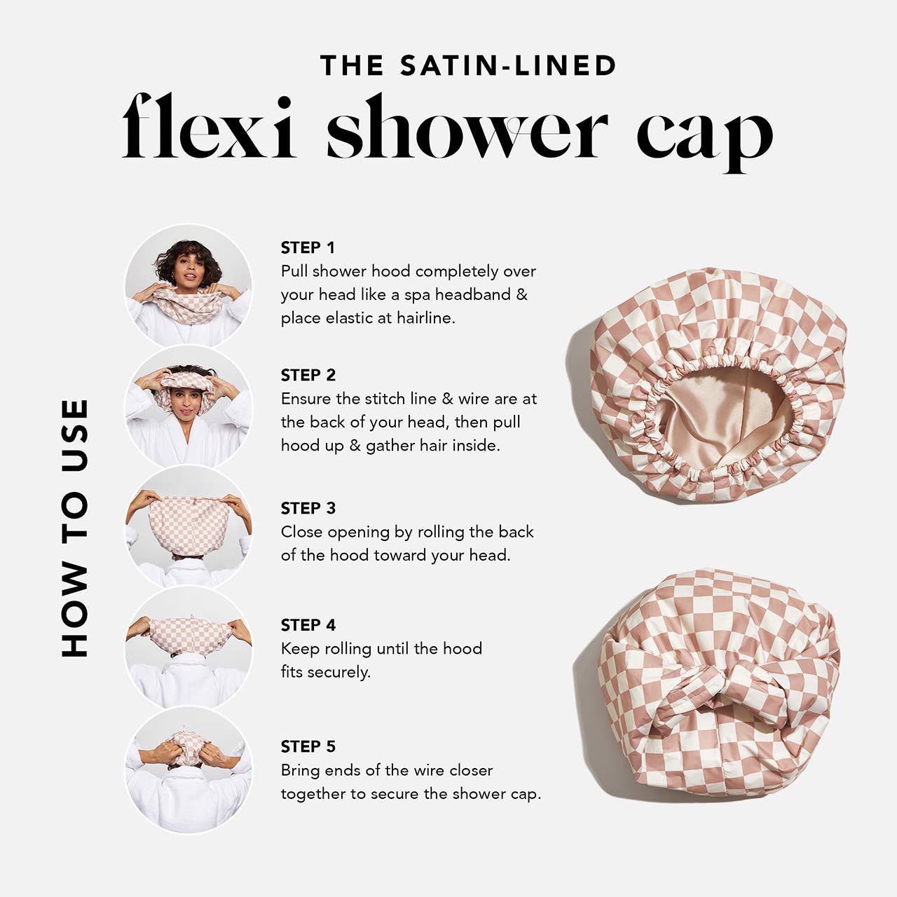 KITSCH - Satin Lined Flexi Shower Cap - Terracotta Checker