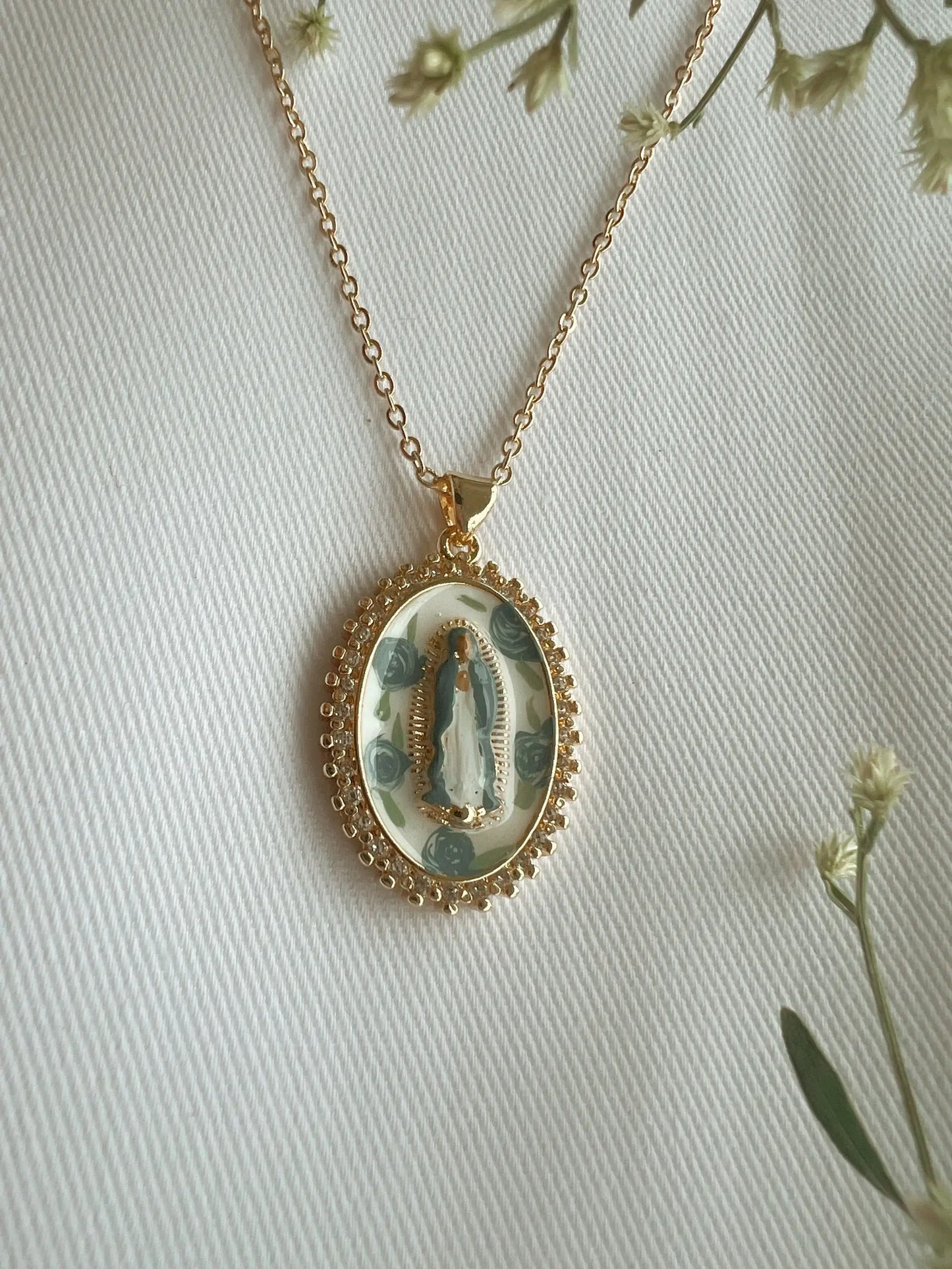 Harleigh Leonards Designs - Mother Mary in Blue Roses Necklace