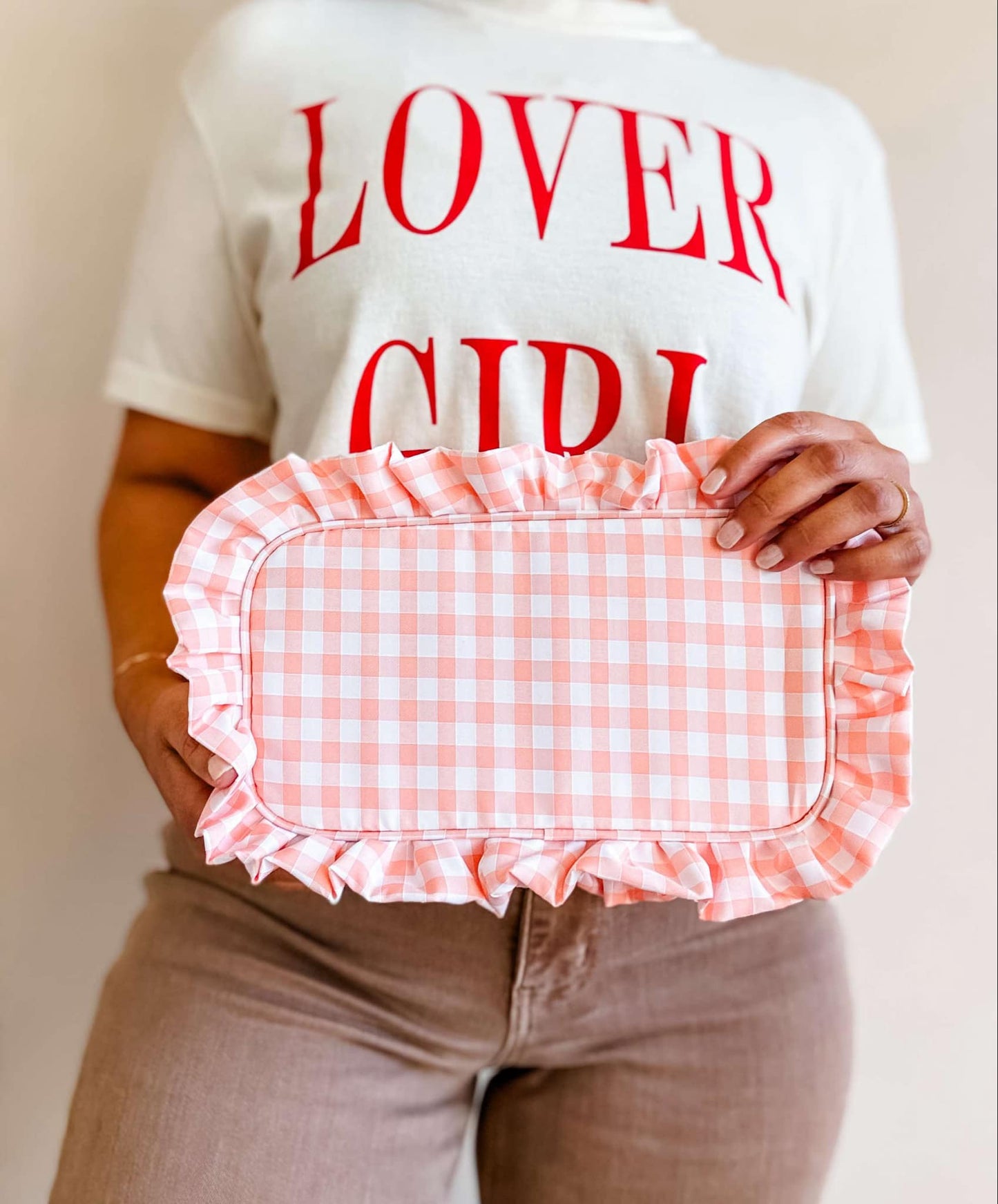 Mugsby - Gingham Ruffle Zipper Pouch Embroidery Friendly Cosmetic Bag