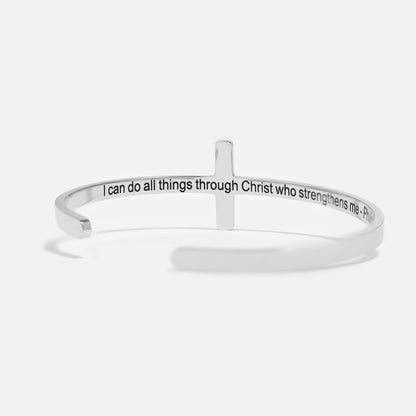 WJW - Stainless Steel Cross Cuff Bracelet with Christian Scripture Philippians 4:13