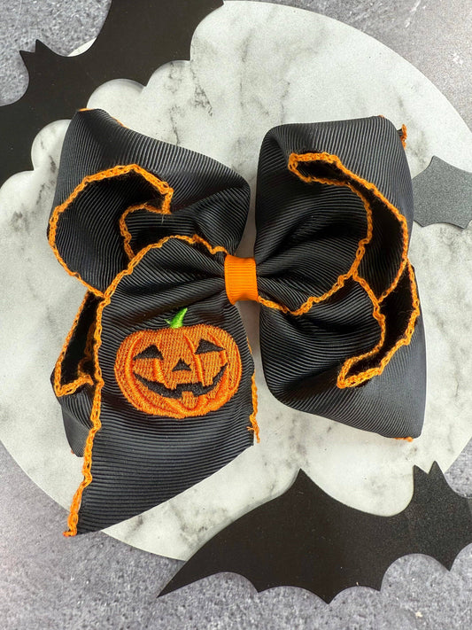 The Hair Bow Company - Jack-o-Latern Embroidered Moonstitch Hair Bow