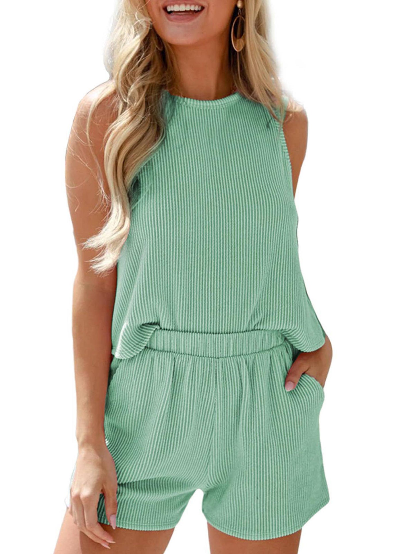 Wholesalesir - Sleeveless Vest Shorts Striped Two-piece Set