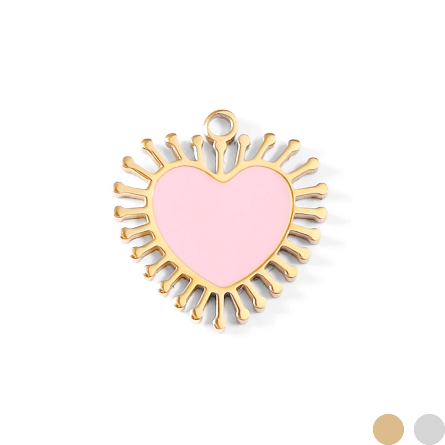WJW - 18K Gold PVD Stainless Steel Epoxy Pink Sun Ray Heart Charm