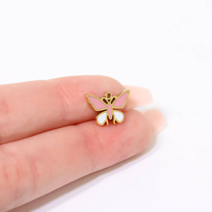 WJW - 18K Gold PVD Stainless Steel Epoxy Pink and White Butterfly Charm / PDL0030