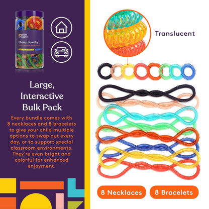 Special Supplies - Special Supplies Chewy Jewelry Sensory Translucent Necklaces and Bracelets, 16 Pack, Soft and Flexible Silicone, Interactive Stress and Anxiety Relief for Kids, Supports ADD, ADHD, Autism