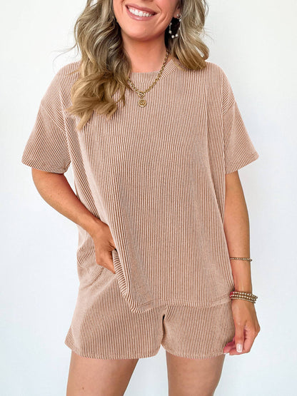 Wholesalesir - Striped Round Neck Top And Shorts Two-Piece Set