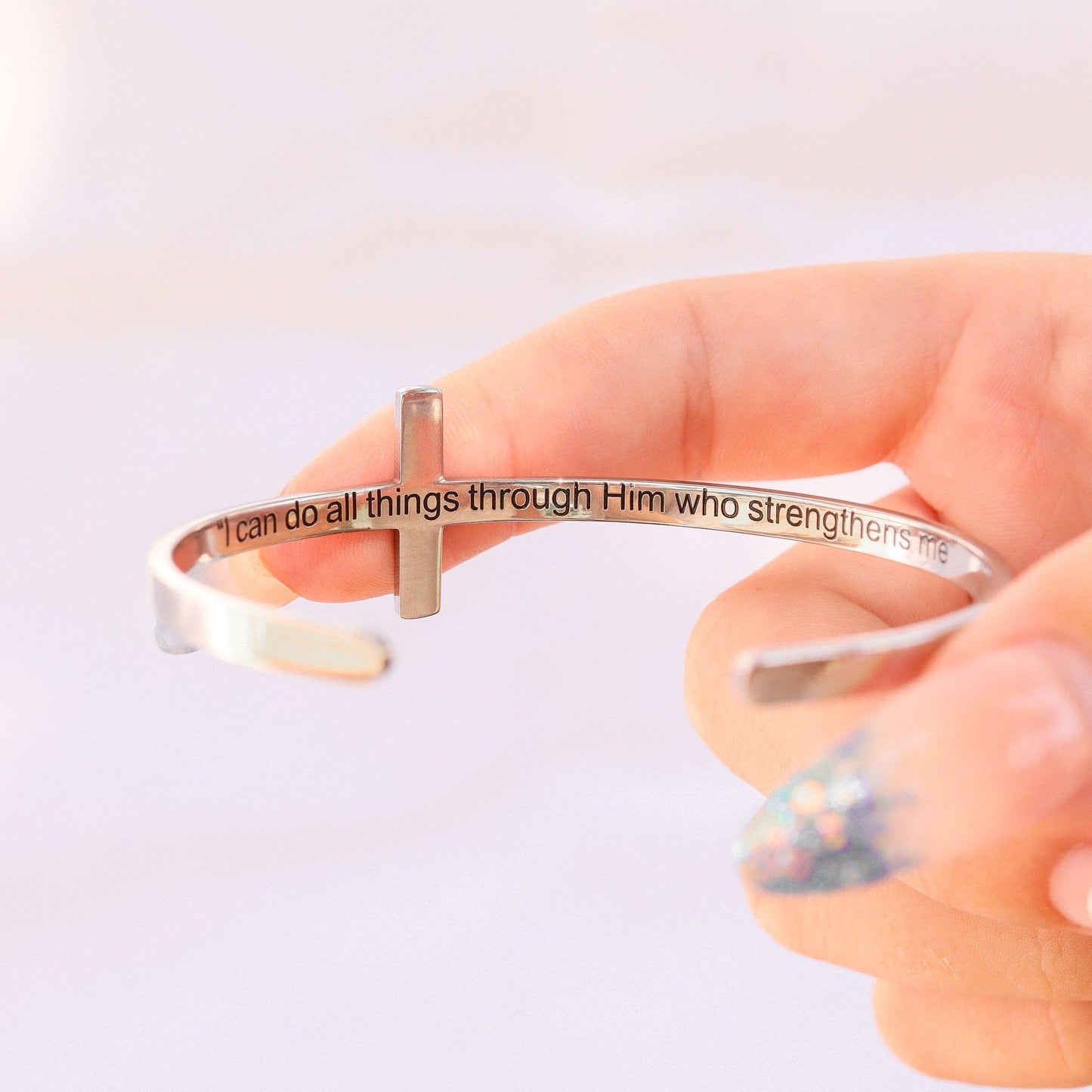 WJW - Stainless Steel Cross Cuff Bracelet with Christian Scripture Philippians 4:13