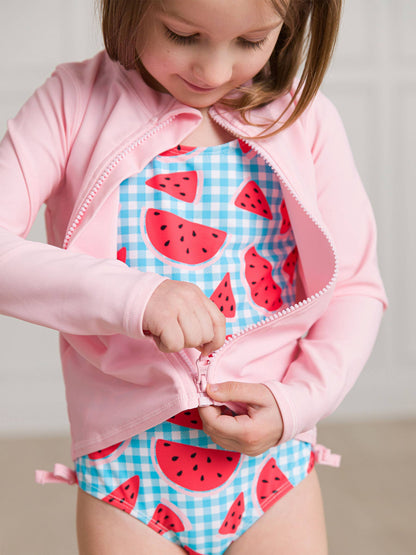 RuffleButts + RuggedButts - Kids Pink Long Sleeve Full Zip Rash Guard