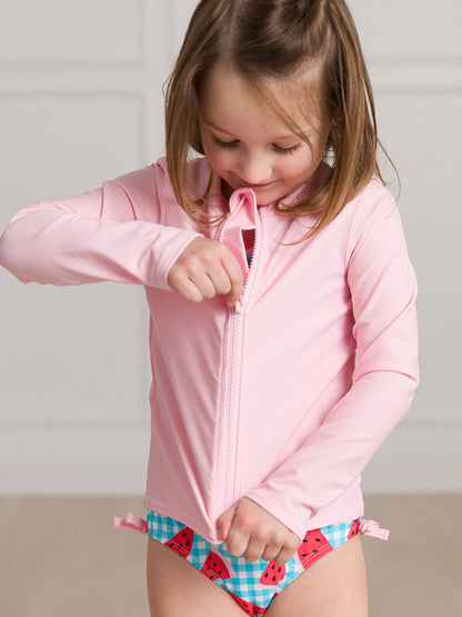 RuffleButts + RuggedButts - Kids Pink Long Sleeve Full Zip Rash Guard