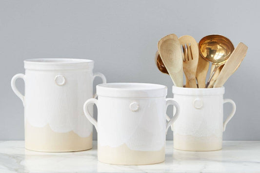 etúHOME - White Artisanal Handthrown Ceramic Utensil Crock w/ Handles