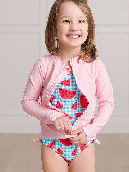 RuffleButts + RuggedButts - Kids Pink Long Sleeve Full Zip Rash Guard