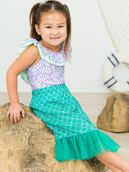 RuffleButts + RuggedButts - Girls Sparkle Scales Mermaid Tail Skirt Cover-Up