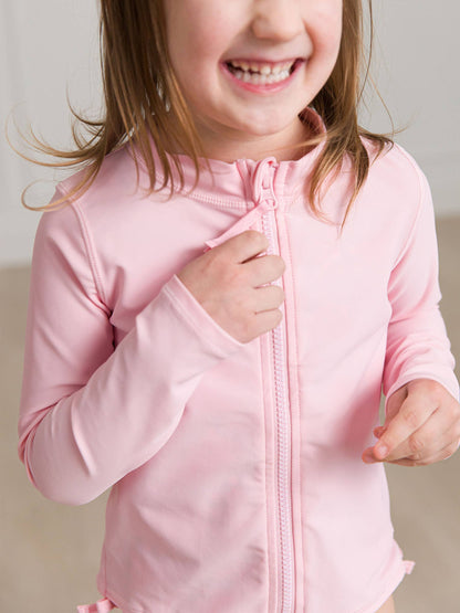 RuffleButts + RuggedButts - Kids Pink Long Sleeve Full Zip Rash Guard
