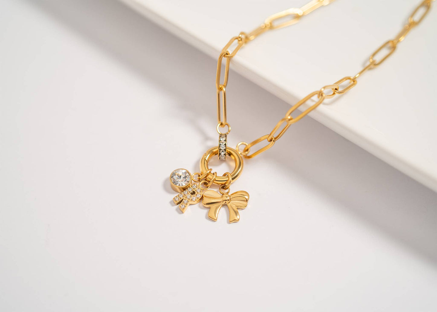 WJW - 18K Gold PVD Paperclip Rhinestone Charm Holder Necklace