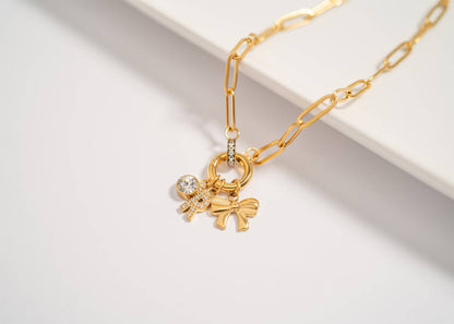 WJW - 18K Gold PVD Paperclip Rhinestone Charm Holder Necklace