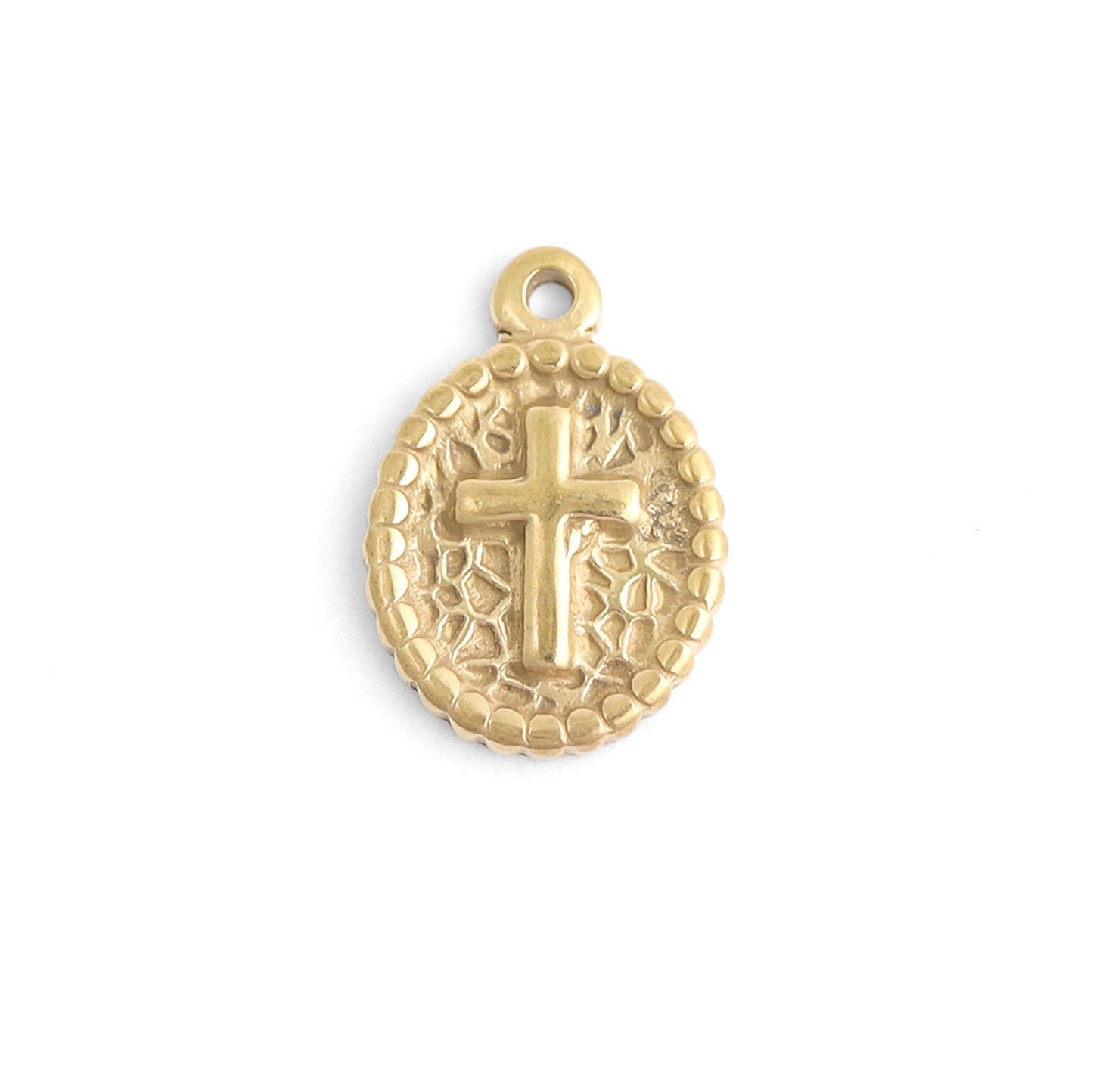 WJW - 18K Gold PVD Stainless Steel Textured Medallion Cross Charm