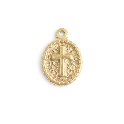 WJW - 18K Gold PVD Stainless Steel Textured Medallion Cross Charm