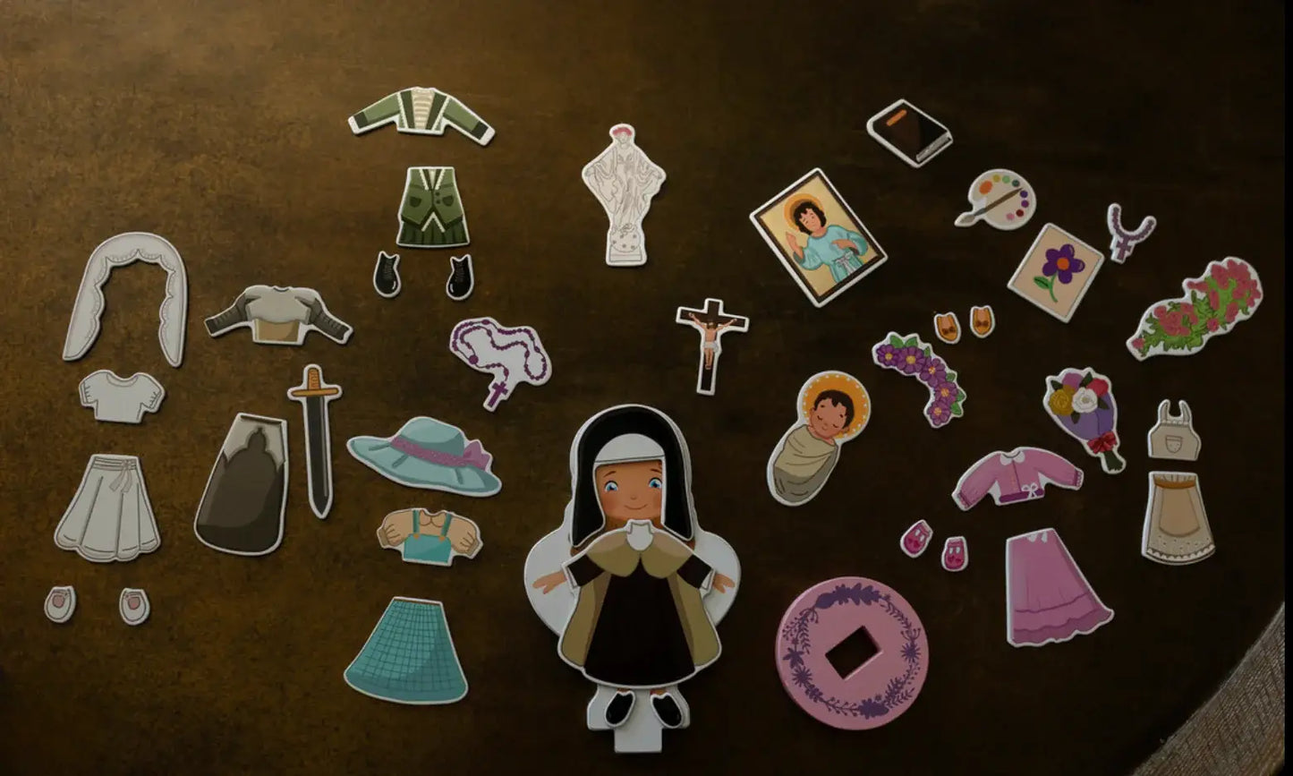 Saintly Heart LLC - My Saint Thérèse, A magnetic wooden dress-up doll set
