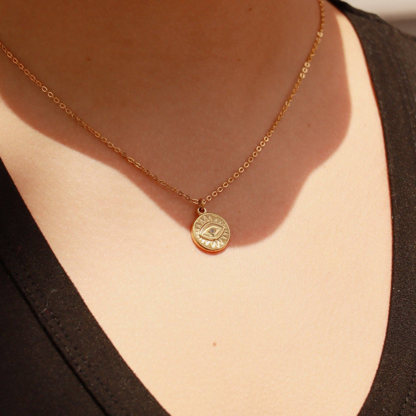 WJW - 18K Gold PVD Stainless Steel Crystal Evil Eye Sun Disc Charm