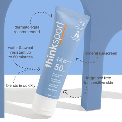 Think - Think Sport SPF 50 Clear Zinc Sunscreen (3oz), EWG Verified