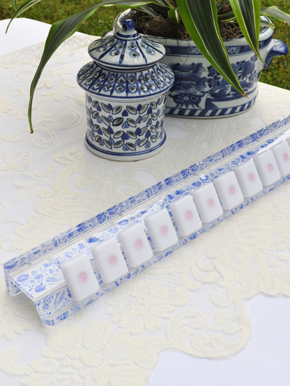 Middle & Main Mahjong - Blue and White Chinoiserie Mahjong Rack and Pusher, Set of 4