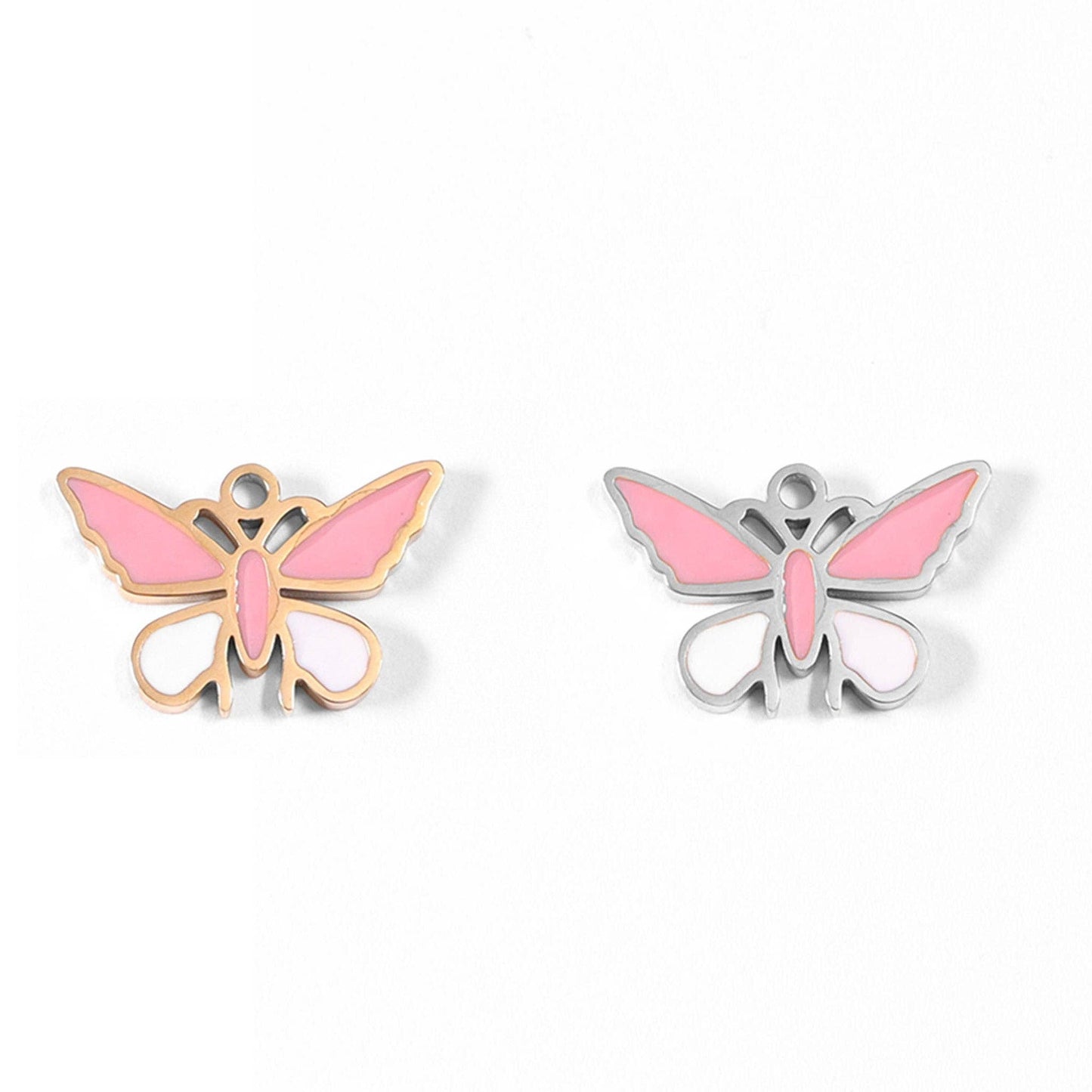 WJW - 18K Gold PVD Stainless Steel Epoxy Pink and White Butterfly Charm / PDL0030