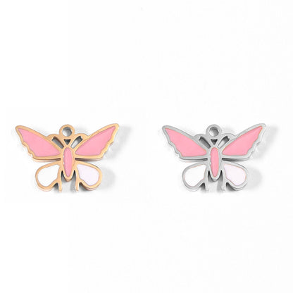 WJW - 18K Gold PVD Stainless Steel Epoxy Pink and White Butterfly Charm / PDL0030