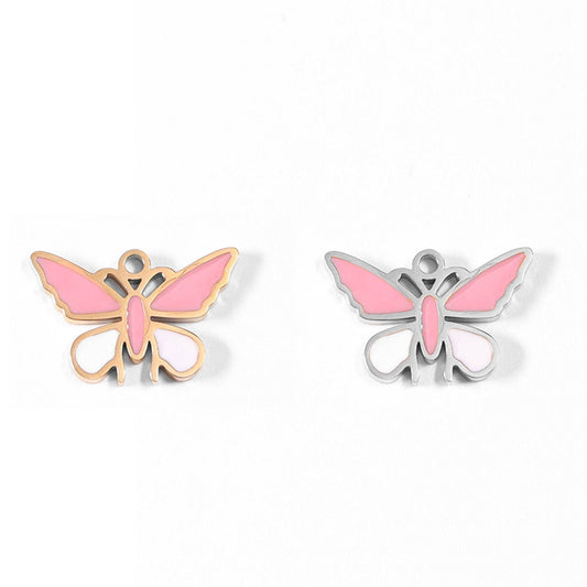 WJW - 18K Gold PVD Stainless Steel Epoxy Pink and White Butterfly Charm / PDL0030