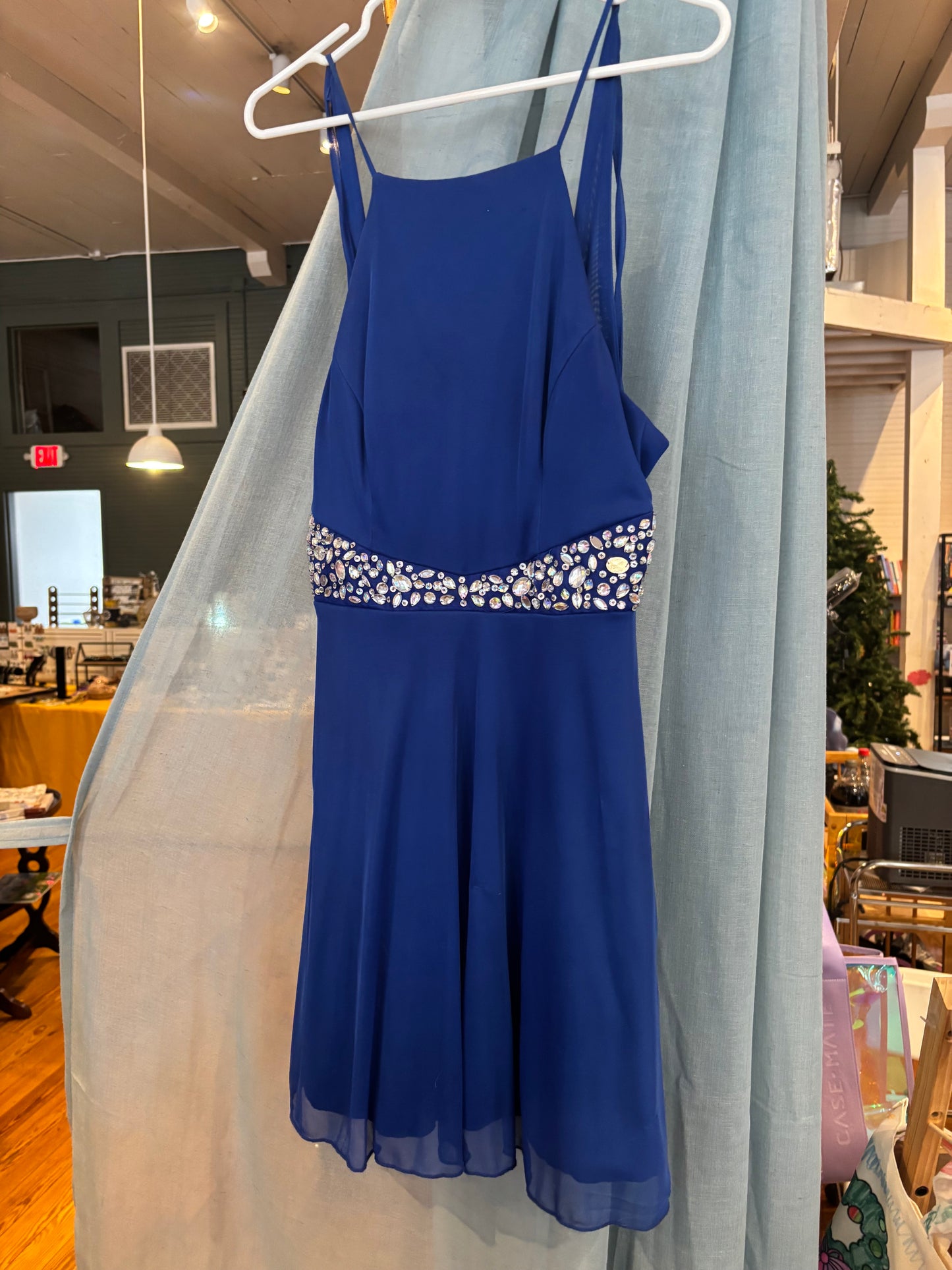 Short blue dress irredecent rhinestone waist size 11