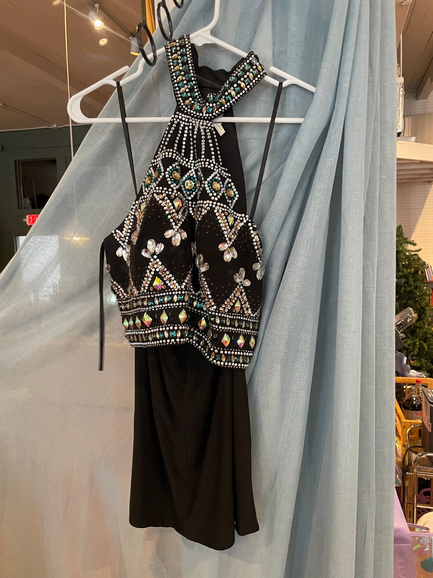 Black short two piece dress with rhinstones size medium