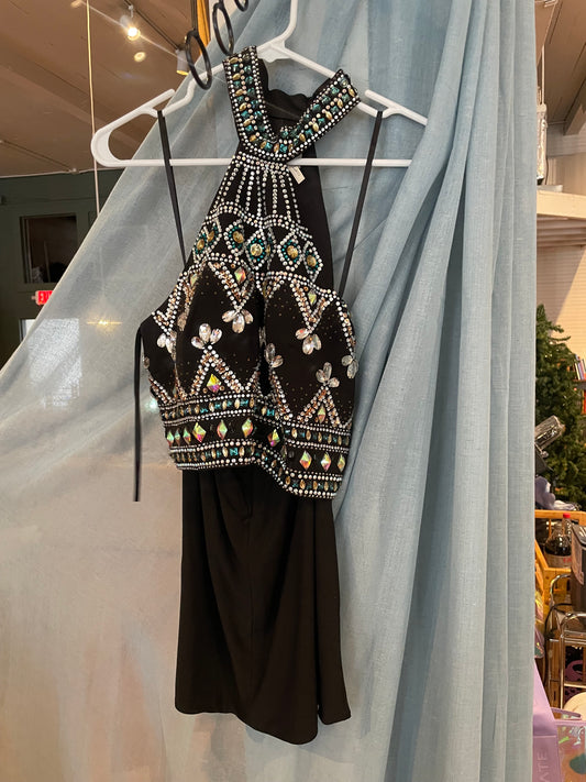 Black short two piece dress with rhinstones size medium