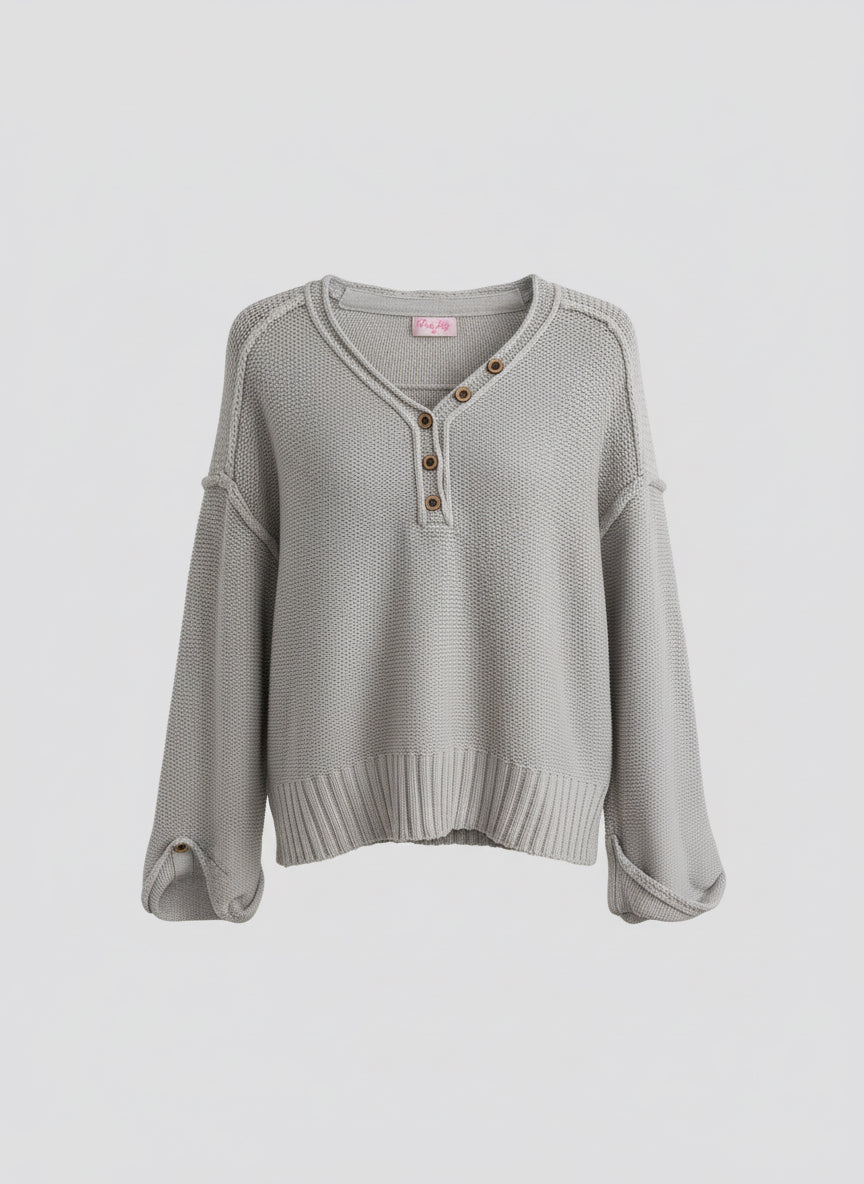 Pink Lily Gray Knit Henley Sweater