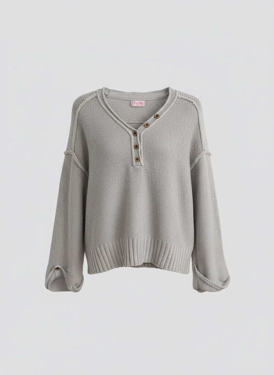 Pink Lily Gray Knit Henley Sweater
