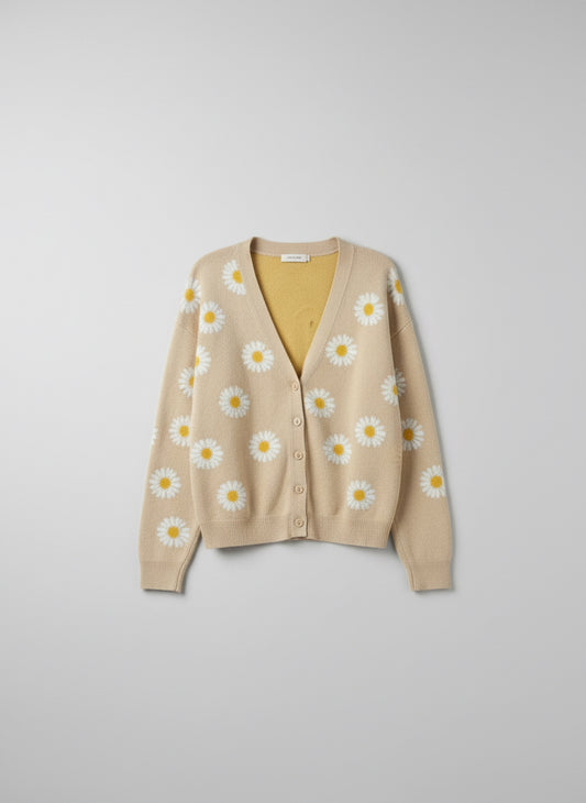 Daisy Pattern Beige Cardigan