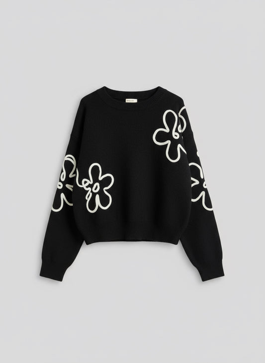Black Sweater with White Flower Design