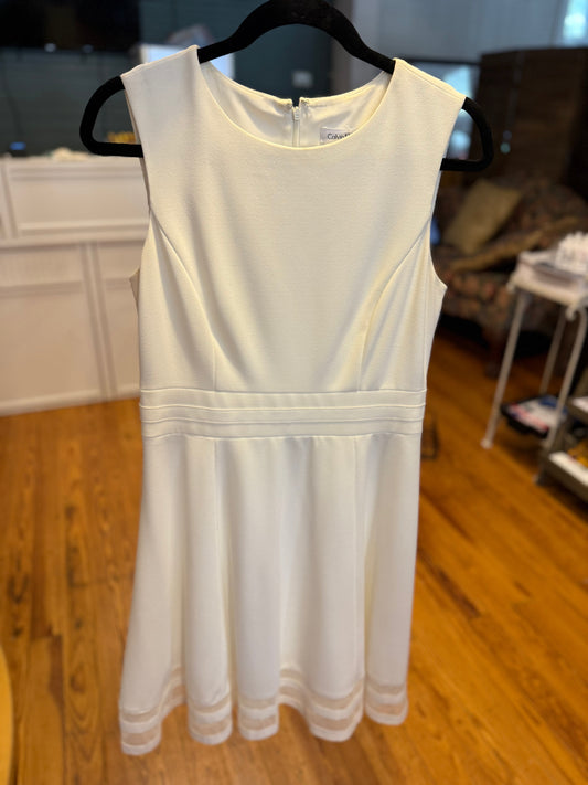 White reception dress Calvin Klein sheer stripped pattern bottom