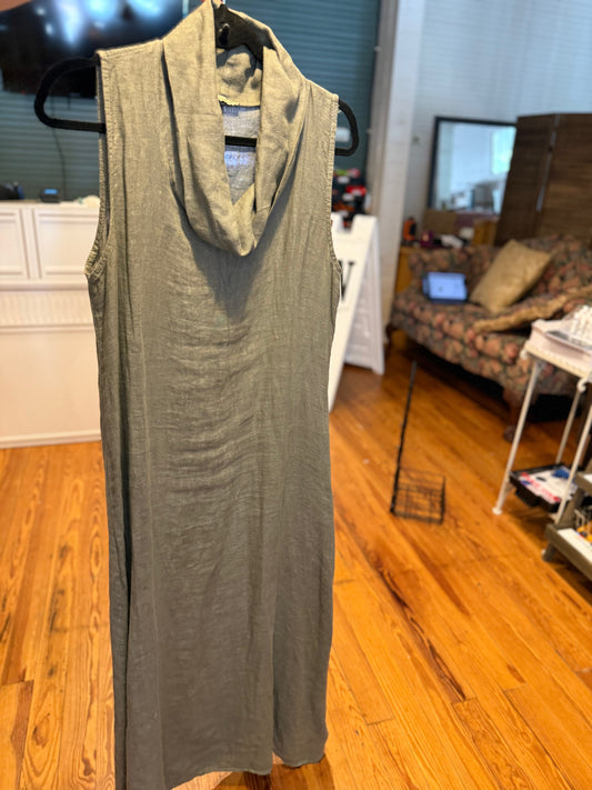 Cowl turtle neck green linen long dress