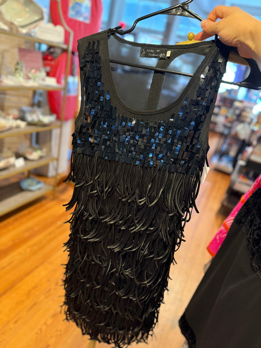 Sleeveless sequin fringe black tank lucky fashion