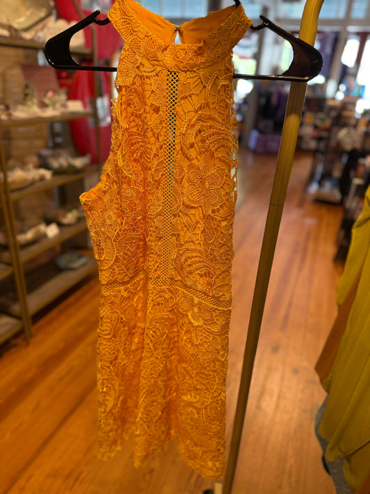 Orange yellow gold embroidery lace detail short dress - Alexia admor