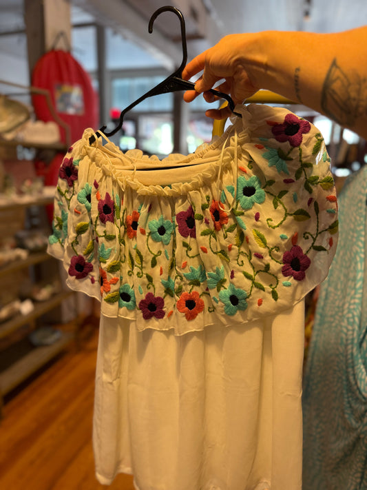 Ruffle top off shoulder white and flower top